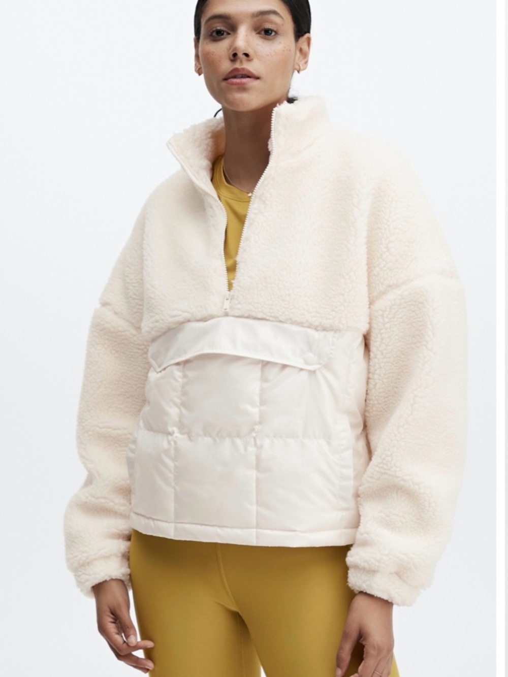 Fabletics Nelly Mixed Media Sherpa & Puffer Half-Zip Pullover - Cream